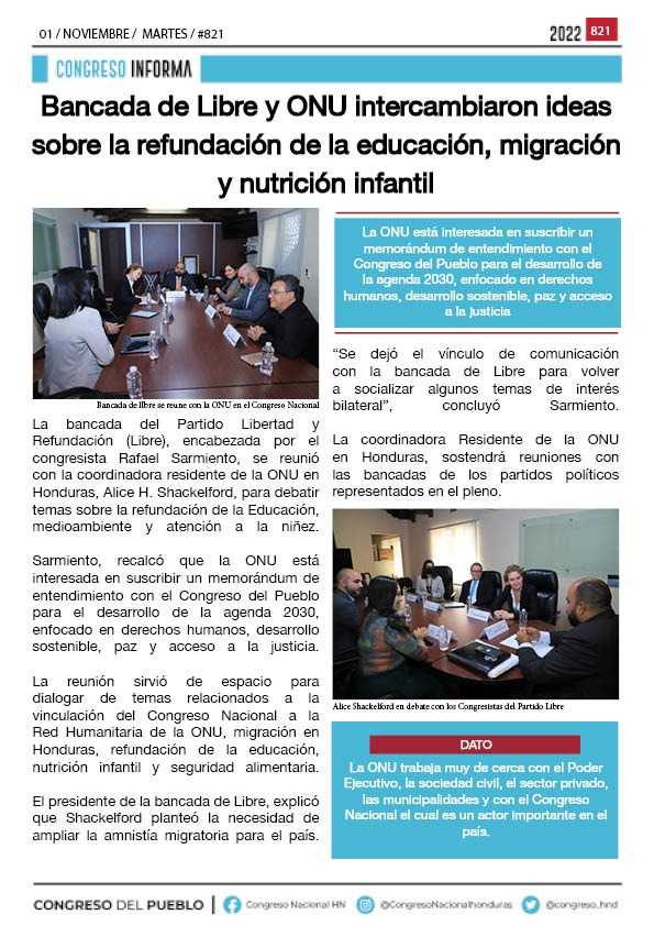 Bancada de Libre y ONU intercambiaron ideas sobre la refundación de la educación, migración y nutrición infantil